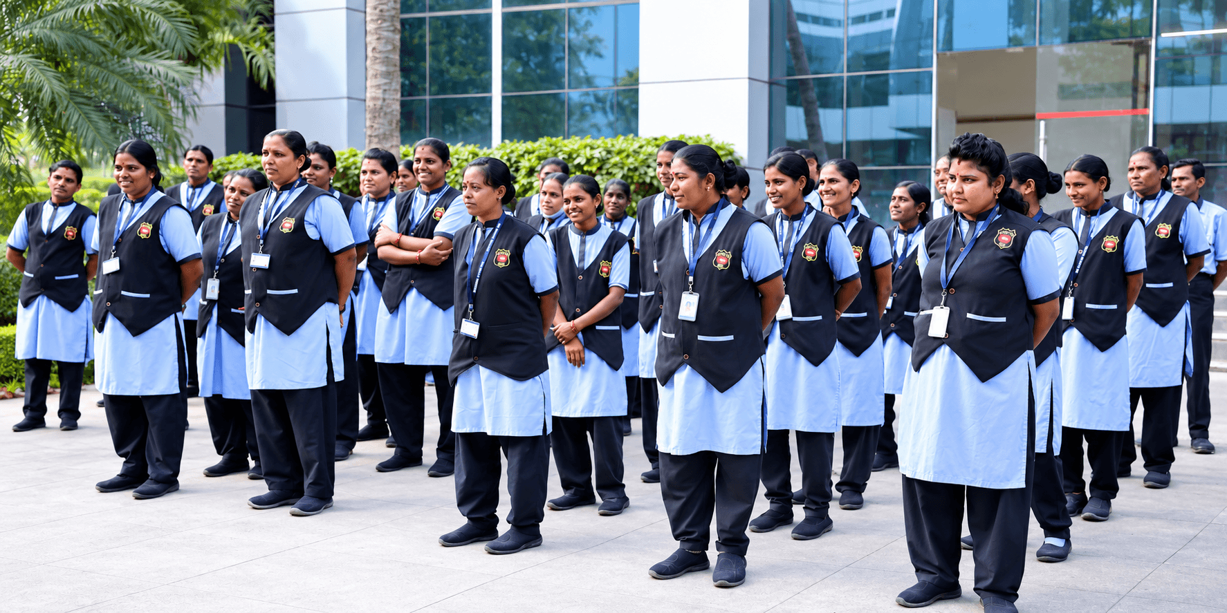 Sajag housekeeping and security teams at a combined morning muster outside a Bengaluru corporate tower